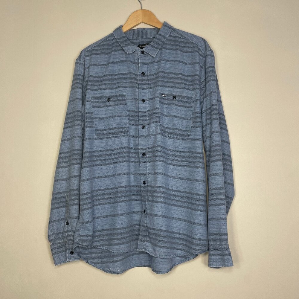 Hurley Shirt Mens 2XL XXL Blue Button Up Stripe Long Sleeve Pockets Soft Casual